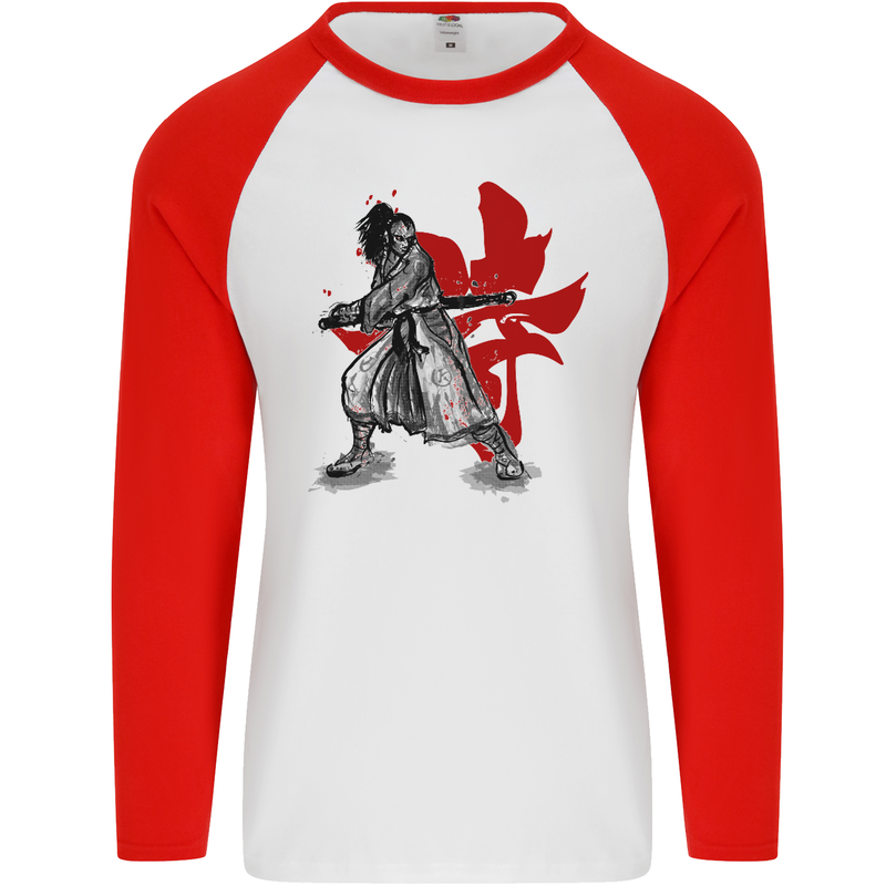 Samurai Spirit MMA Mixed Martial Arts Mens L/S Baseball T-Shirt White/Red