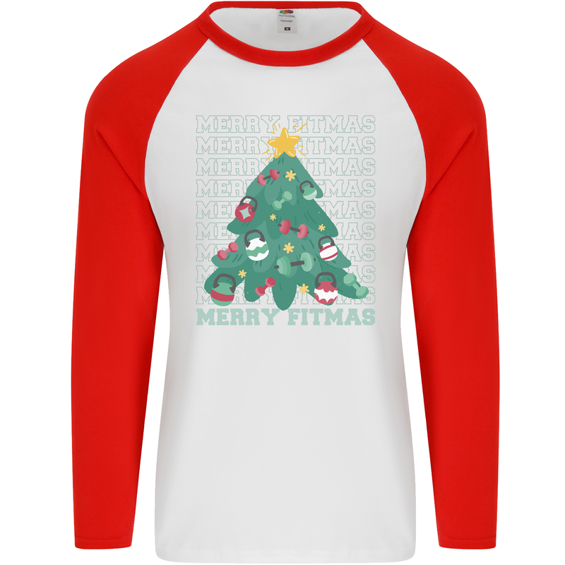 Fitness Merry Fitmas Christmas Tree Gym Mens L/S Baseball T-Shirt White/Red