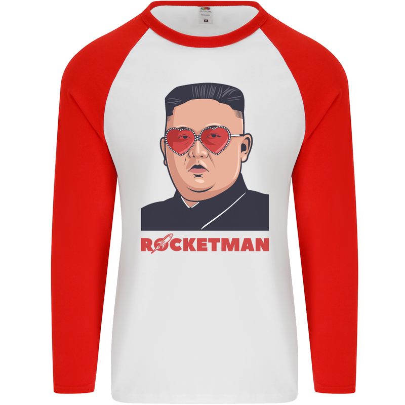 Rocket Man Kim Jong-un Missile Test Funny Mens L/S Baseball T-Shirt White/Red