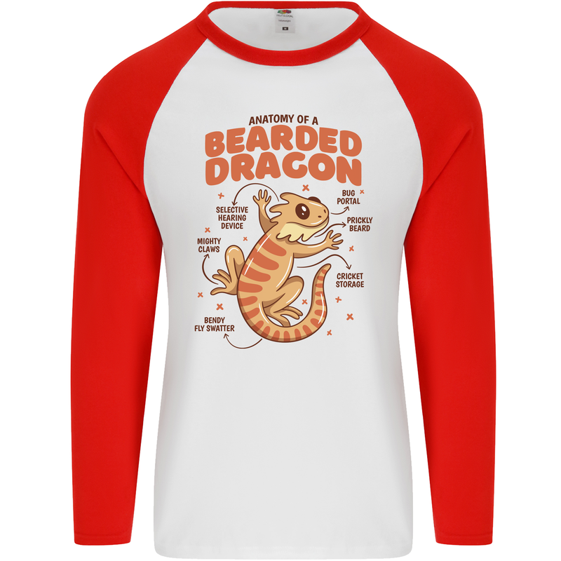 Bearded Dragon Anatomy Lizards, Reptiles, Mens L/S Baseball T-Shirt White/Red