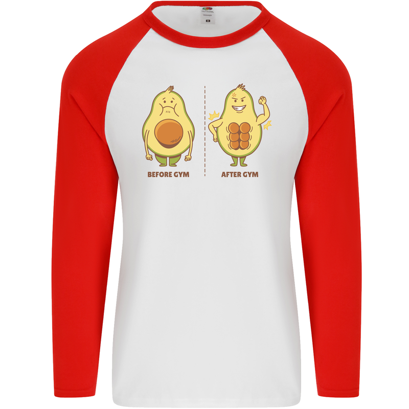 Funny Advacado Gym Bodybuilding Fitness Mens L/S Baseball T-Shirt White/Red