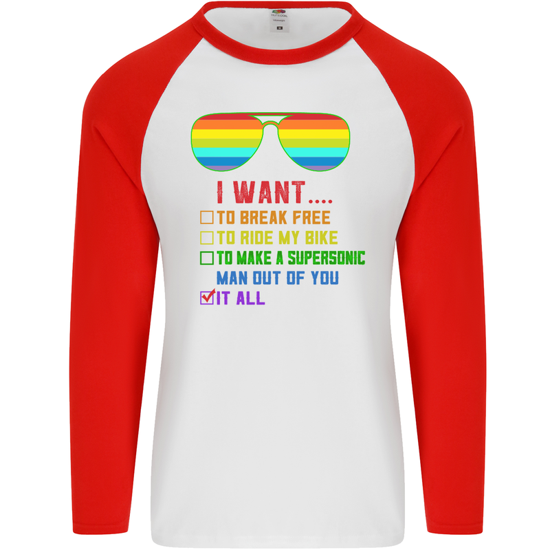 Want to Break Free Ride My Bike Funny LGBT Mens L/S Baseball T-Shirt White/Red