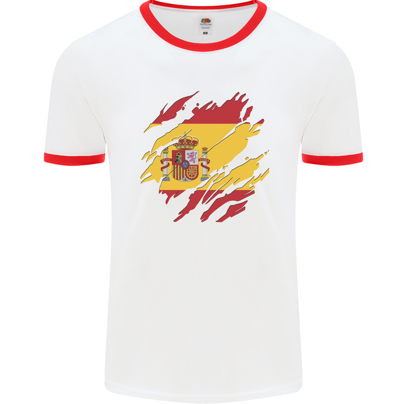 Torn Spain Flag Spanish Day Football Mens Ringer T-Shirt White/Red