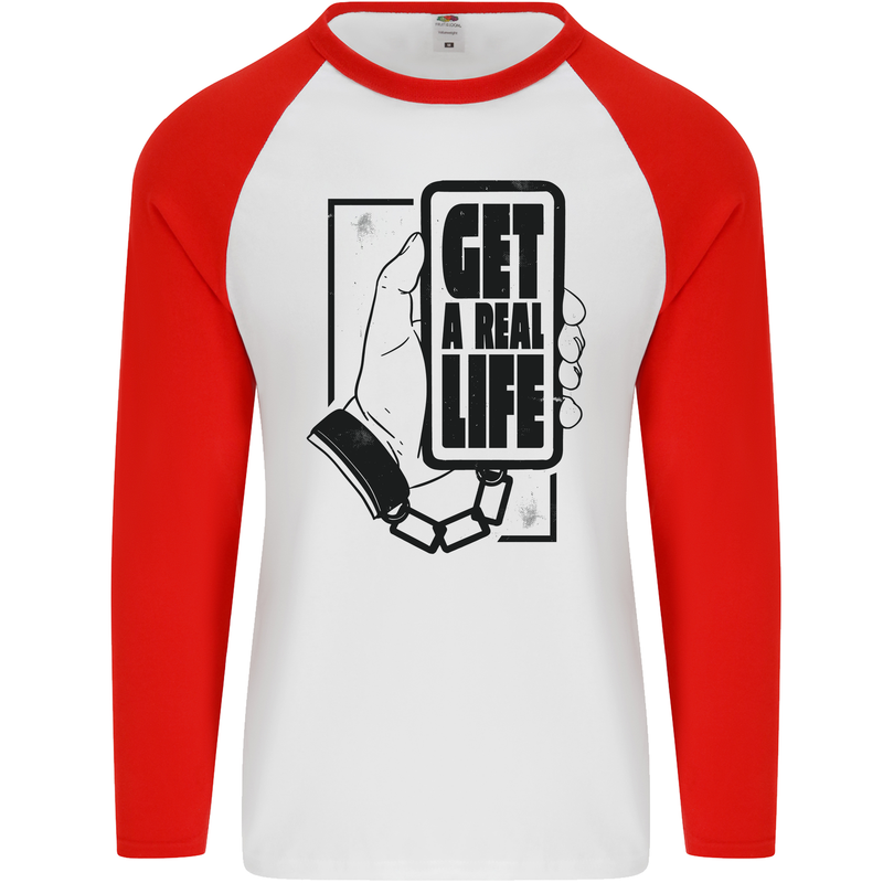 Get a Real Life Phone Addict Antisocial Mens L/S Baseball T-Shirt White/Red