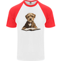 A Dog Reading a Book Mens S/S Baseball T-Shirt White/Red