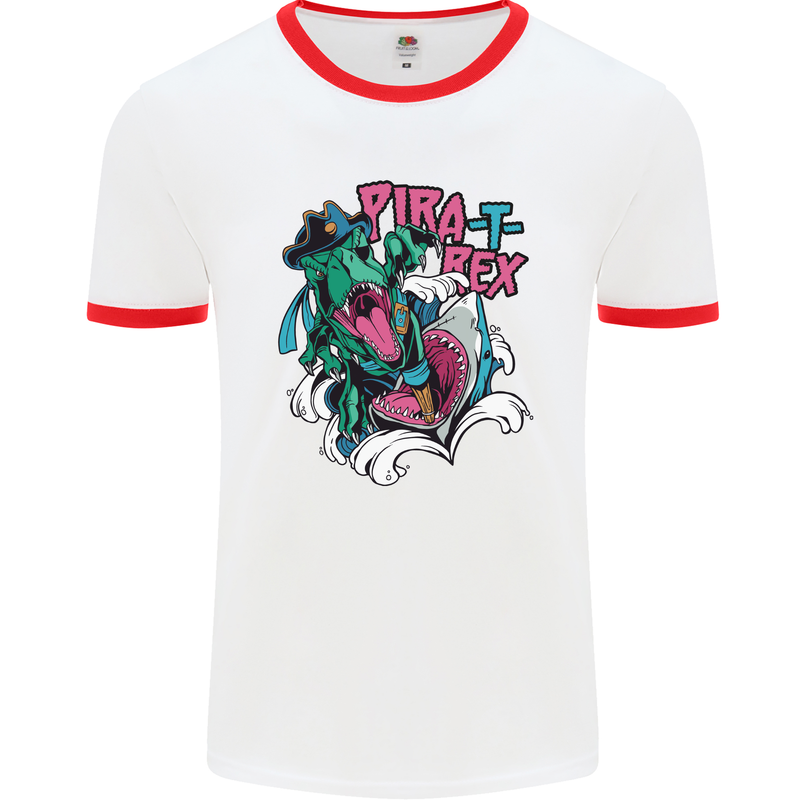 Pirate T-Rex Funny Dinosaur Mens Ringer T-Shirt White/Red