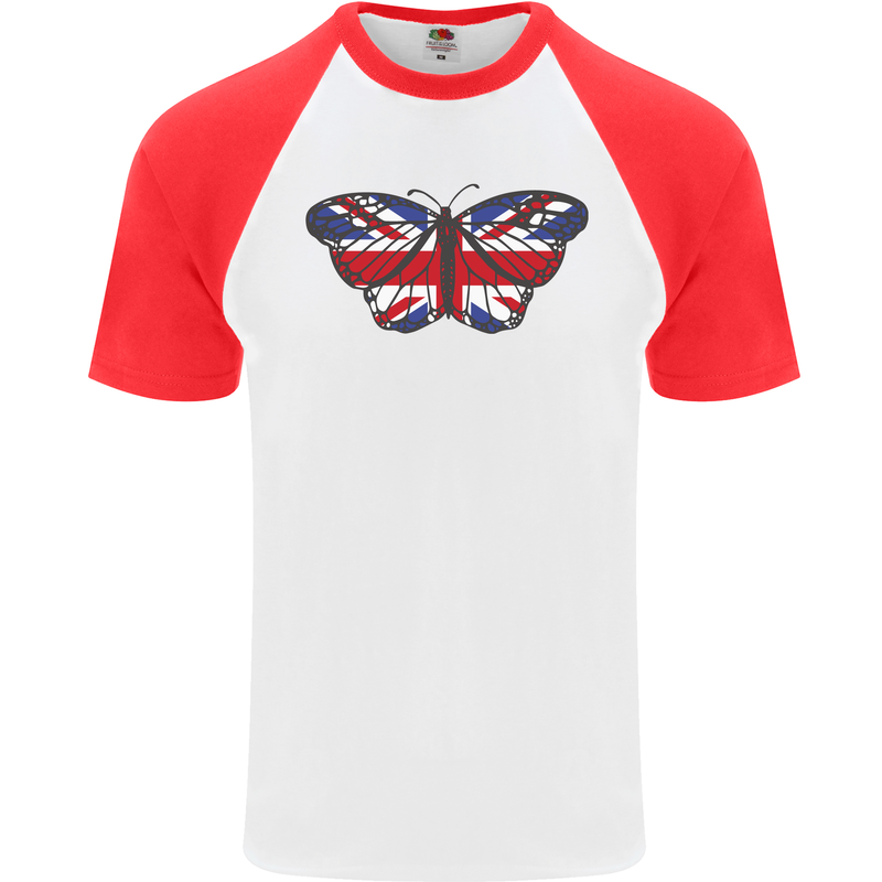 Union Jack Butterfly British Britain Flag Mens S/S Baseball T-Shirt White/Red