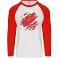 Torn China Flag Chinese Day Football Mens L/S Baseball T-Shirt White/Red