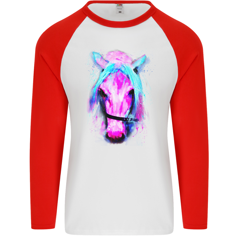 Watercolour Horse Mens L/S Baseball T-Shirt White/Red