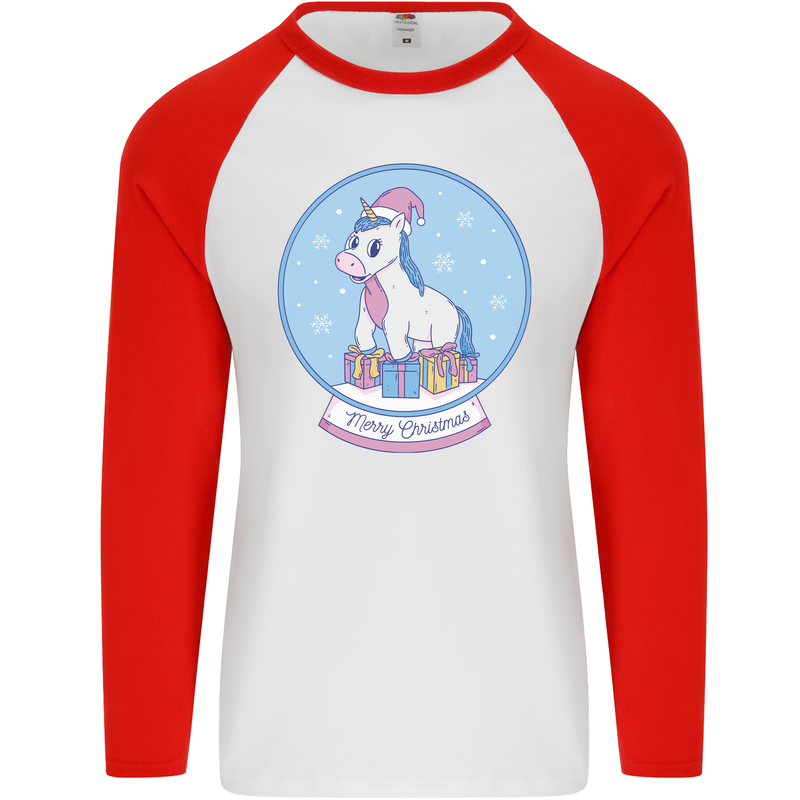 Christmas Unicorn Snow Globe Mens L/S Baseball T-Shirt White/Red