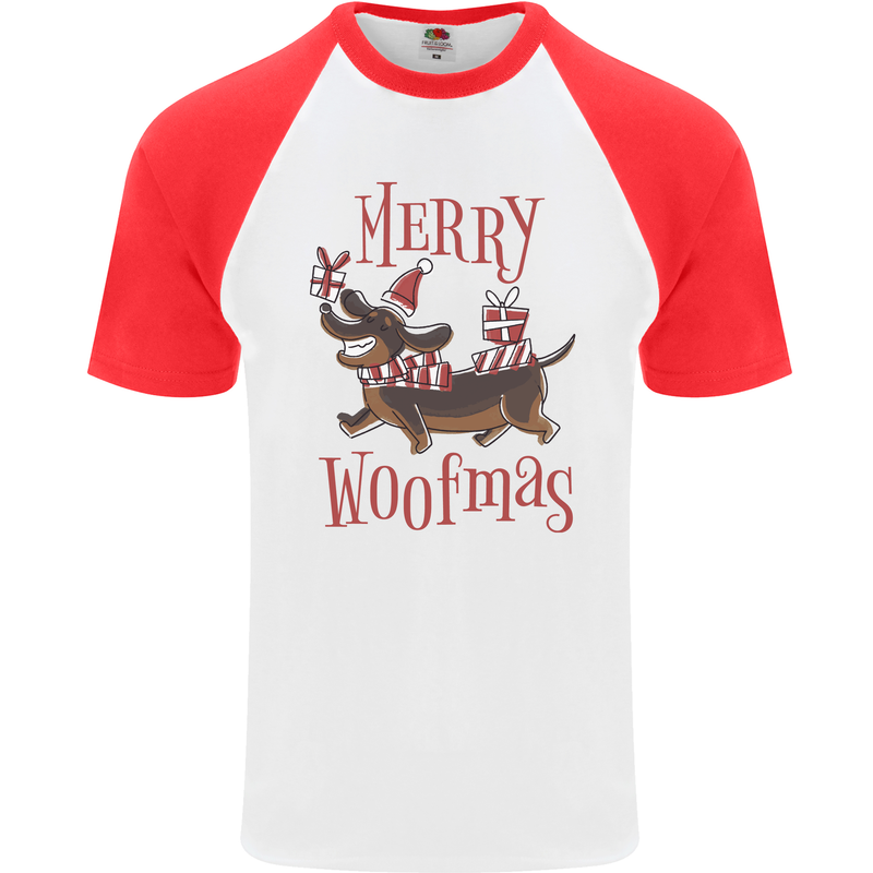 Merry Woofmas Funny Xmas Dog Mens S/S Baseball T-Shirt White/Red