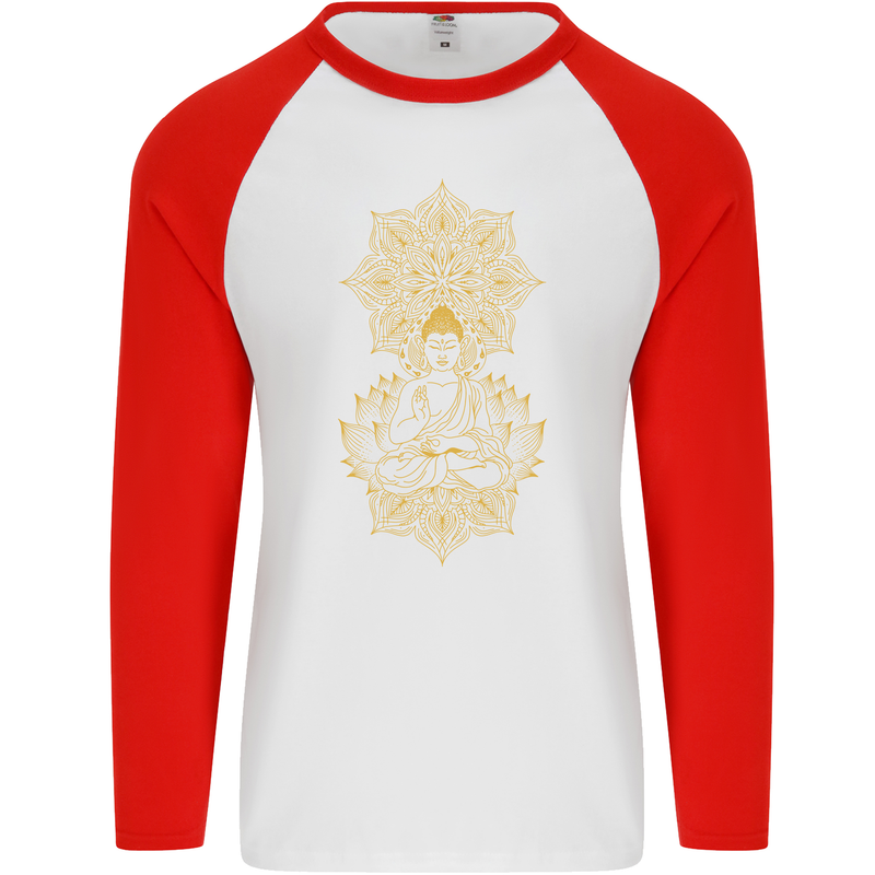 Mandala Buddha Art Mens L/S Baseball T-Shirt White/Red