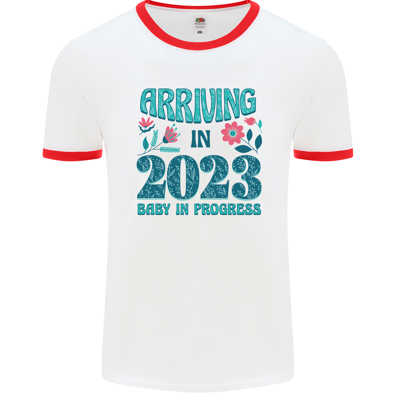 Arriving 2023 New Baby Pregnancy Pregnant Mens Ringer T-Shirt White/Red