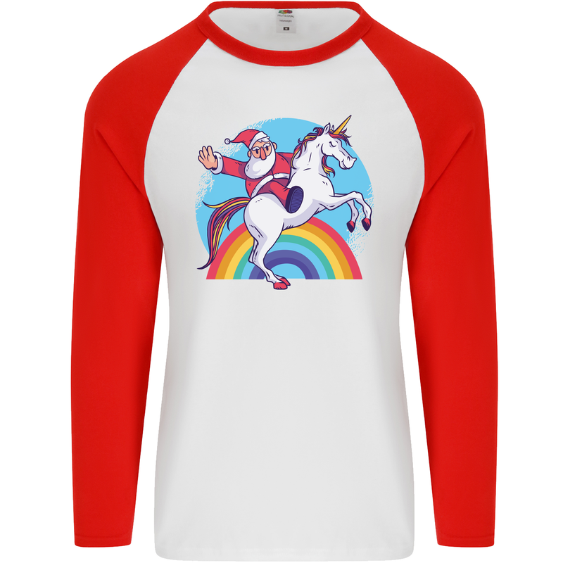 Santa Claus On a Unicorn Christmas Xmas Mens L/S Baseball T-Shirt White/Red