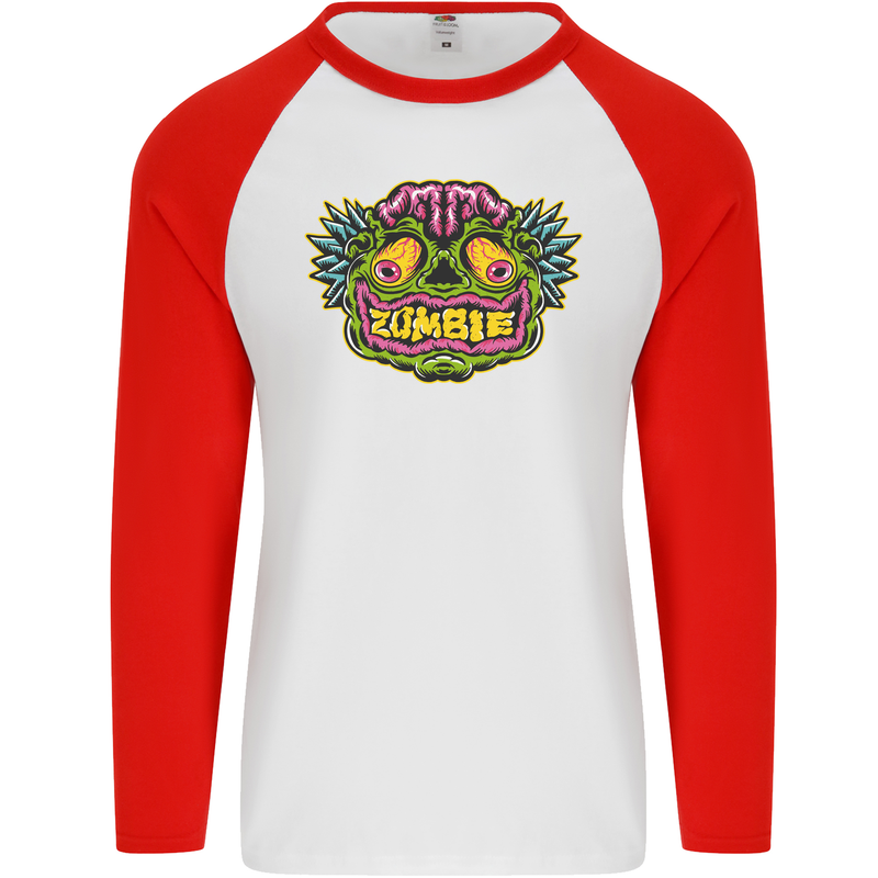 Halloween Zombie Face Mens L/S Baseball T-Shirt White/Red