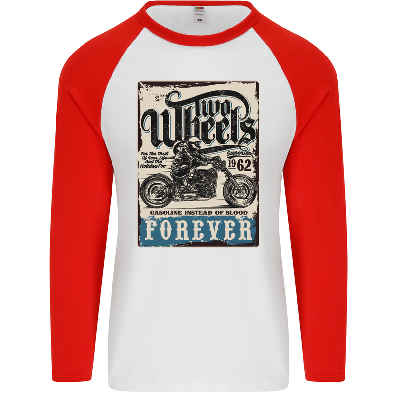 Two Wheels Biker Motorcycle Motorbike Mens L/S Baseball T-Shirt White/Red