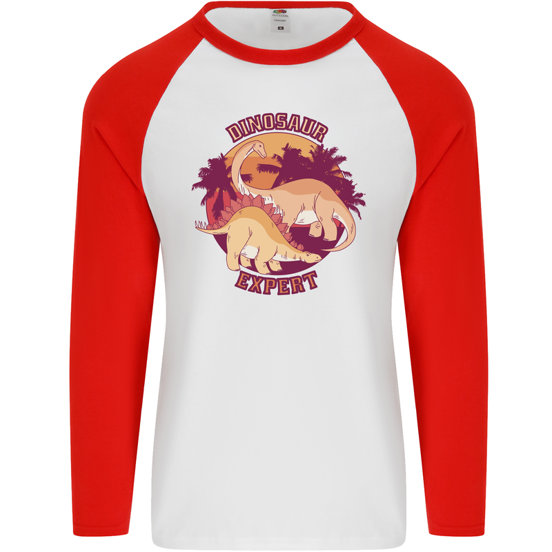 Dinosaur Expert Mens L/S Baseball T-Shirt White/Red
