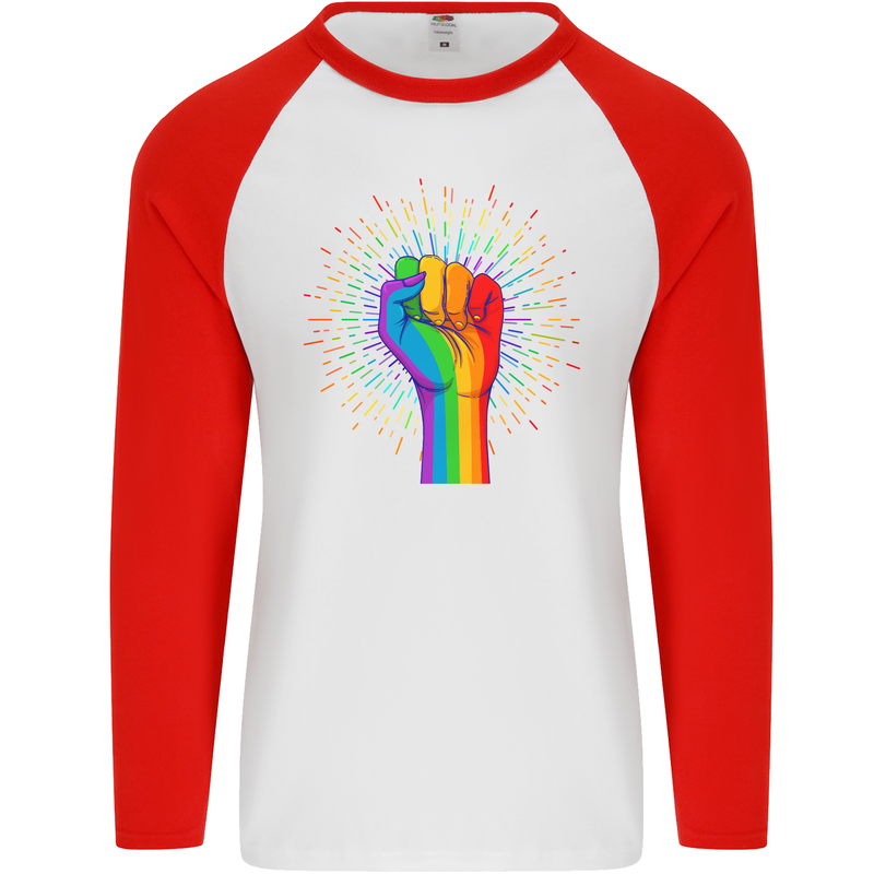 LGBT Fist Gay Pride Day Awareness Mens L/S Baseball T-Shirt White/Red