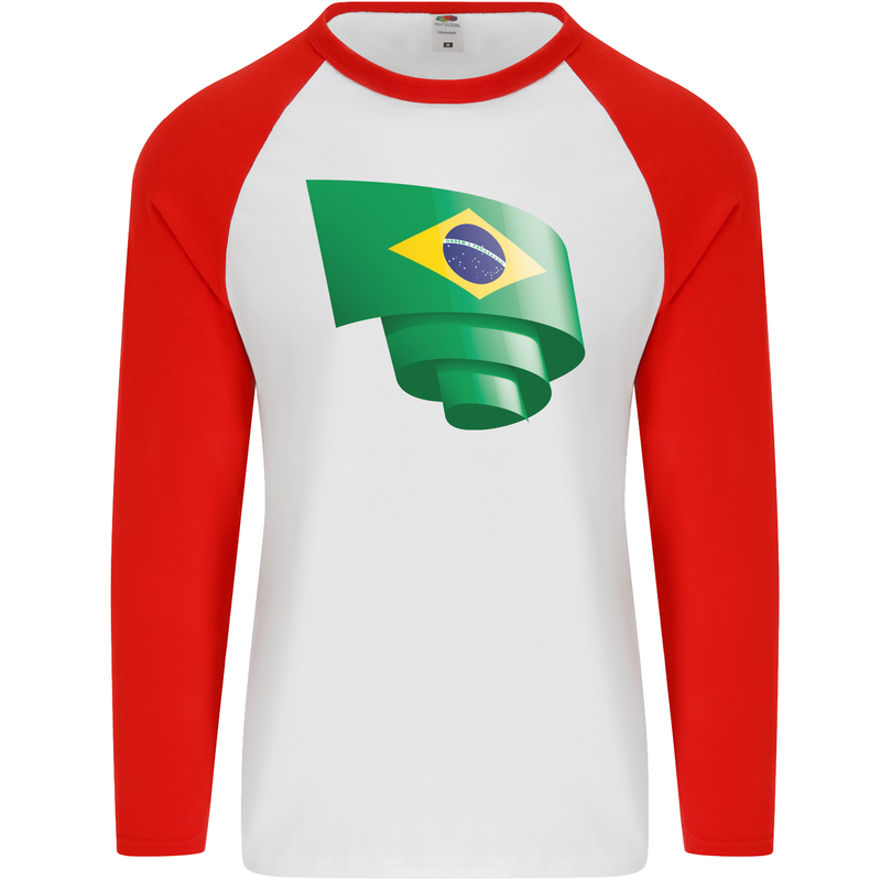 Curled Brazil Flag Brazilian Day Football Mens L/S Baseball T-Shirt White/Red