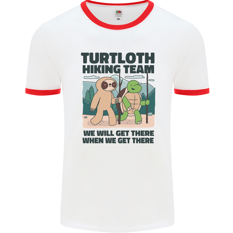 Turtloth Hiking Team Hiking Turtle Sloth Mens Ringer T-Shirt White/Red