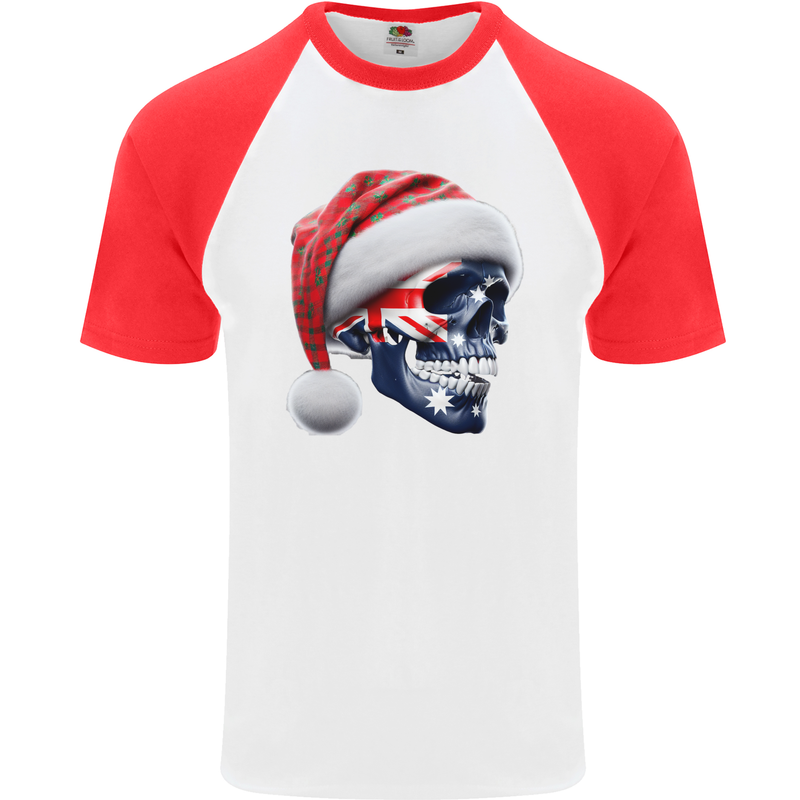 Australian Christmas Skull Xmas Australia Flag Mens S/S Baseball T-Shirt White/Red