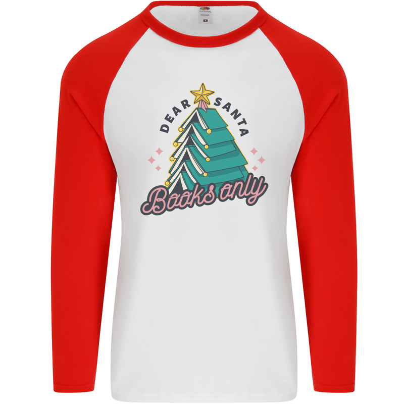 Books Only Christmas Tree Funny Bookworm Mens L/S Baseball T-Shirt White/Red