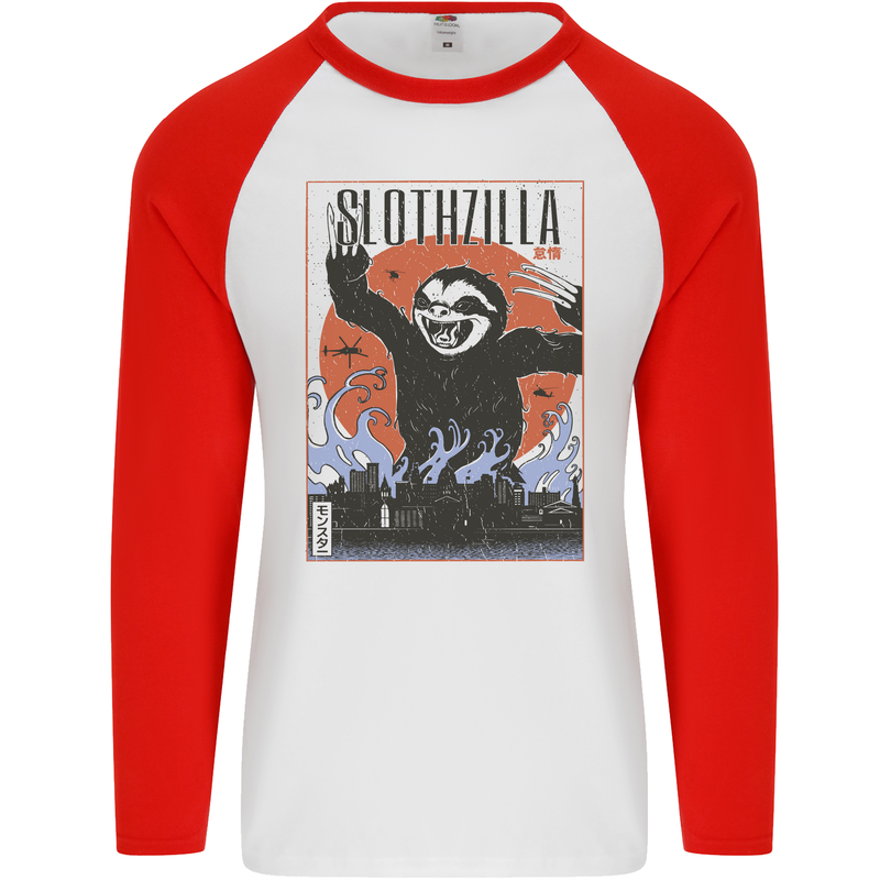 Slothzilla Funny Sloth Parody Mens L/S Baseball T-Shirt White/Red