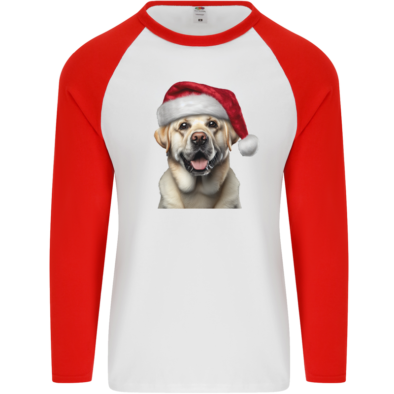 Christmas Golden Labrador Dog Xmas Hat Mens L/S Baseball T-Shirt White/Red