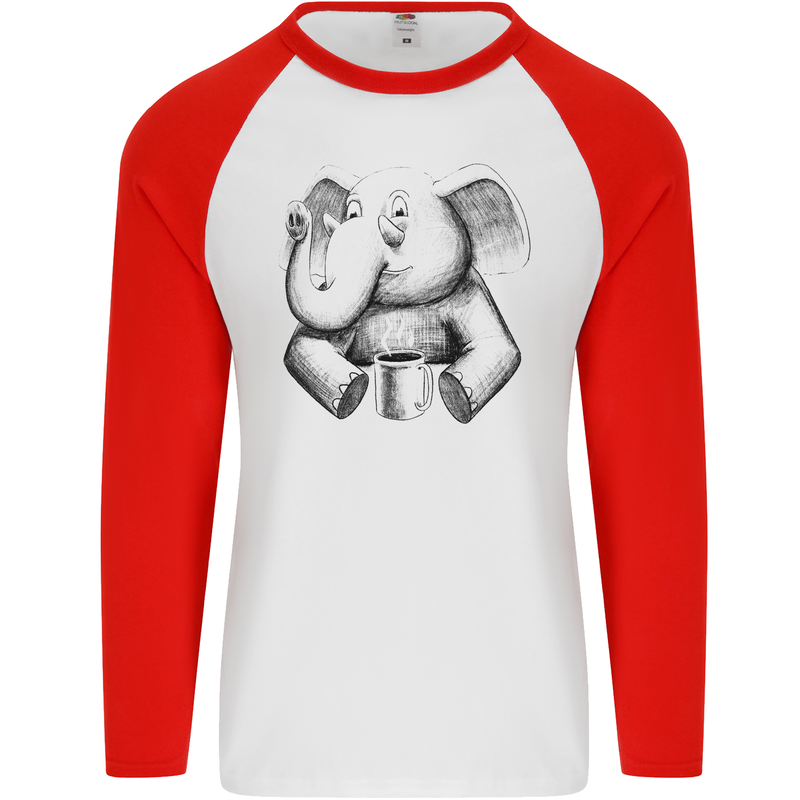 An Elephant Drinking Coffee Mens L/S Baseball T-Shirt White/Red