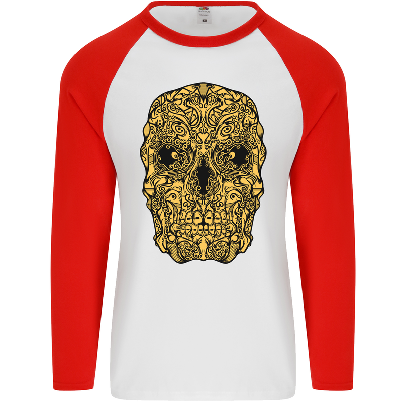 Ethnic Skull Gothic Tribal Demon Mens L/S Baseball T-Shirt White/Red