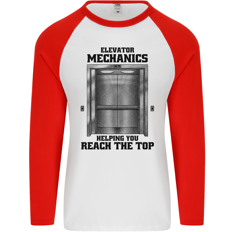 Elevator Mechanic Lift Engineer Mens L/S Baseball T-Shirt White/Red