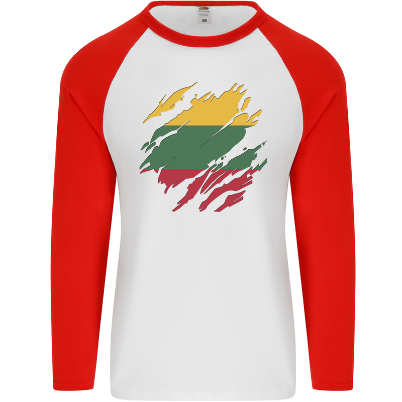 Torn Lithuania Flag Lithuania Day Football Mens L/S Baseball T-Shirt White/Red