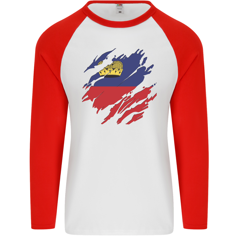 Torn Liechtenstein Flag Liechtensteiner Day Football Mens L/S Baseball T-Shirt White/Red