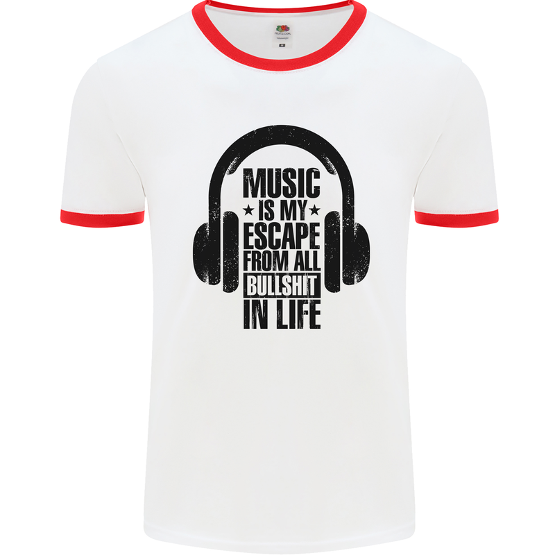 Music Is My Escape From B/S in Life Rock Mens Ringer T-Shirt White/Red