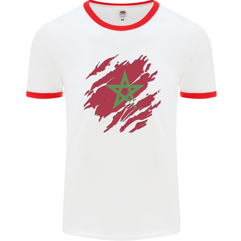 Torn Morocco Flag Moroccan Day Football Mens Ringer T-Shirt White/Red