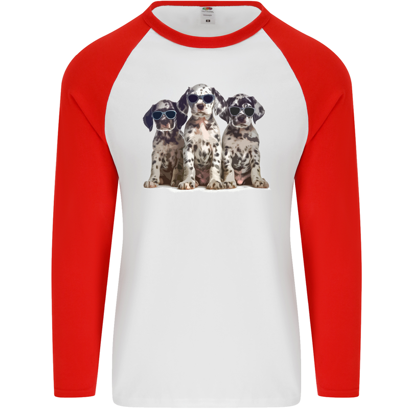 3 Cool Dalmatian Puppy's Dogs Mens L/S Baseball T-Shirt White/Red