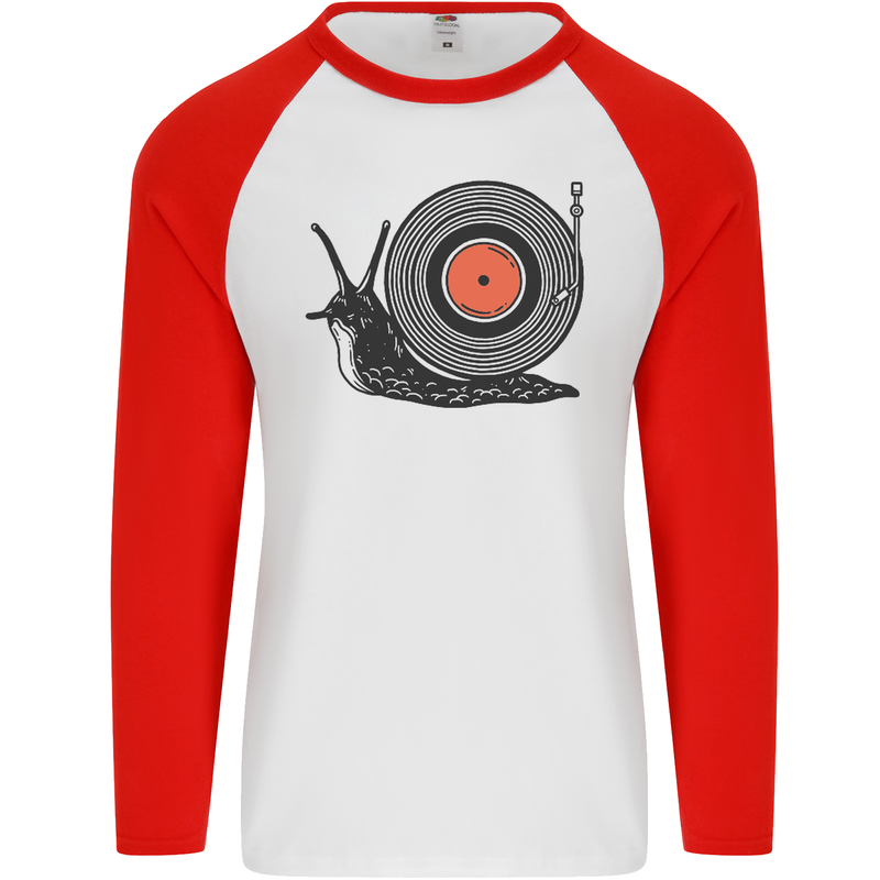 Slug Decks with Vinyl LP DJ DJing Turntable Mens L/S Baseball T-Shirt White/Red