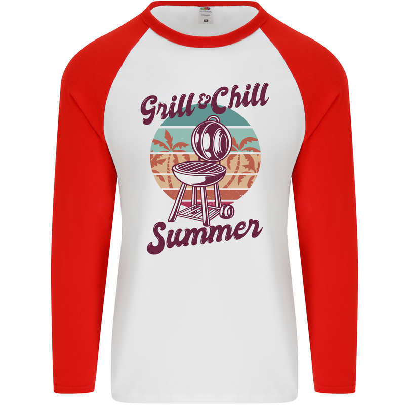 Chill & Grill Funny Summer BBQ Braai Mens L/S Baseball T-Shirt White/Red