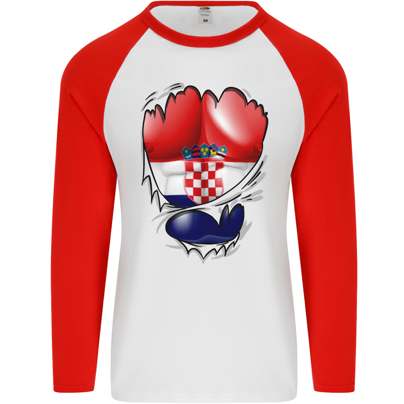 Gym Croatian Flag Ripped Muscles Croatia Mens L/S Baseball T-Shirt White/Red