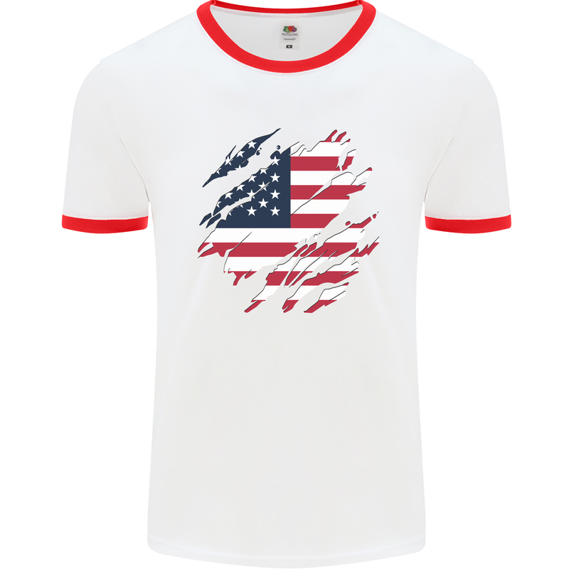 Torn USA Flag Independance Day Football Mens Ringer T-Shirt White/Red