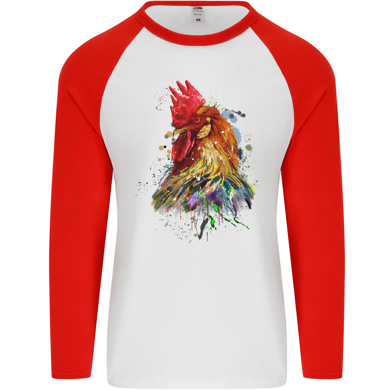 A Chicken Watercolour Mens L/S Baseball T-Shirt White/Red