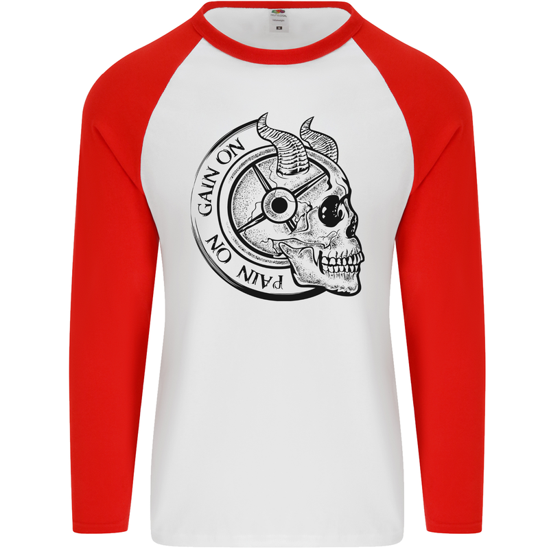 No Pain No Gain Devil Skull Gym Training Mens L/S Baseball T-Shirt White/Red