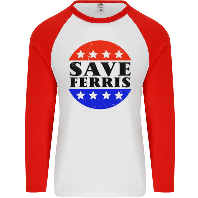 Save Ferris Distressed Funny 80's Movie Mens L/S Baseball T-Shirt White/Red