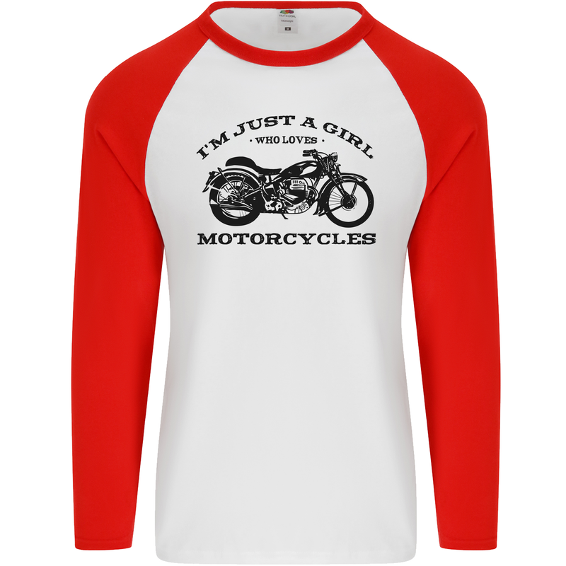 A Girl Who Loves Motorcycles Biker Mens L/S Baseball T-Shirt White/Red