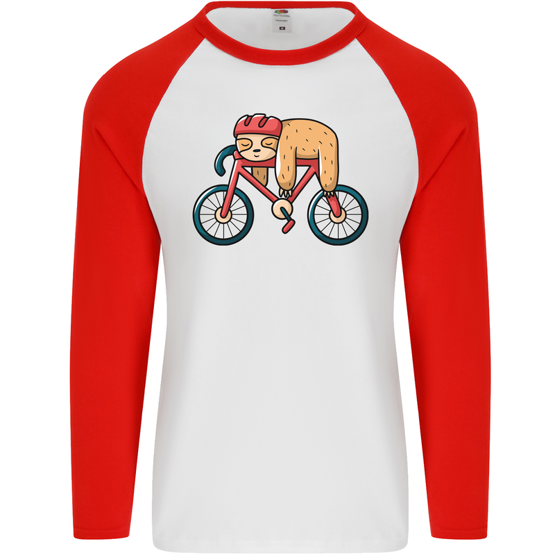 Cycling Sleeping Sloth Bicycle Cyclist Mens L/S Baseball T-Shirt White/Red