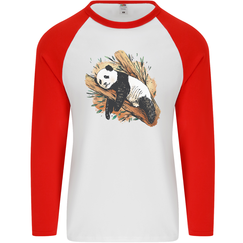 A Sleeping Panda Bear Ecology Animals Mens L/S Baseball T-Shirt White/Red