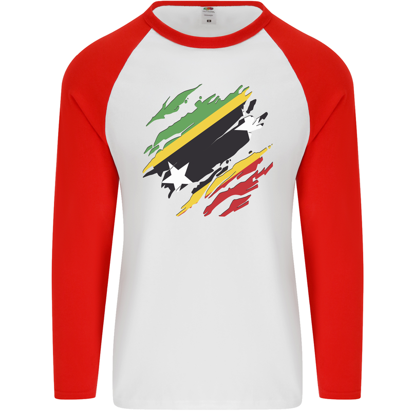 Torn Saint Kitts and Nevis Flag Day Football Mens L/S Baseball T-Shirt White/Red