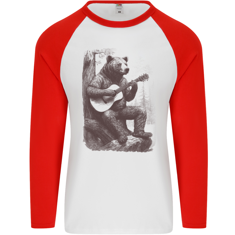 A Cool Bear Playing the Acoustic Guitar Mens L/S Baseball T-Shirt White/Red