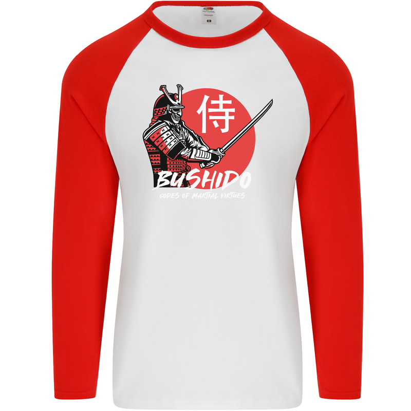 Bushido Samurai Warrior Sword Ronin MMA Mens L/S Baseball T-Shirt White/Red