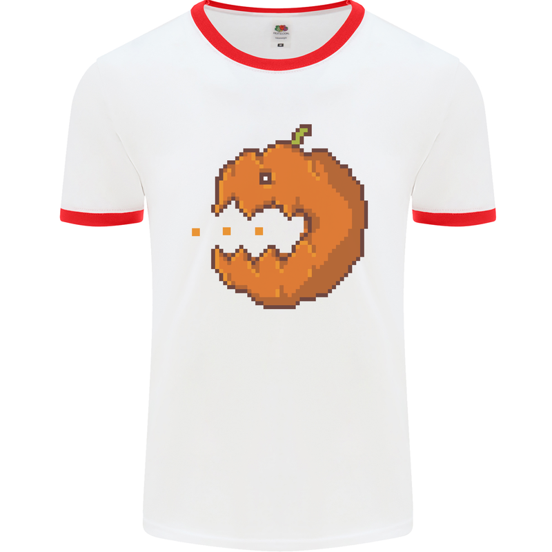 Retro Video Games Halloween Pumpkin Funny Mens Ringer T-Shirt White/Red